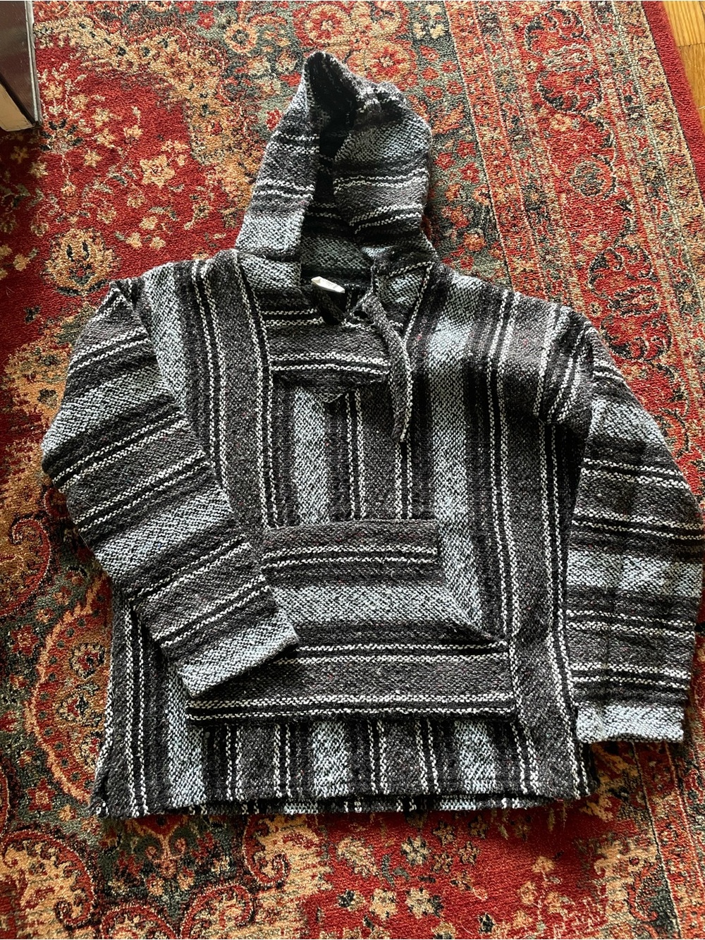Striped Hooded Crewneck Pullover Sweater in Black & Gray